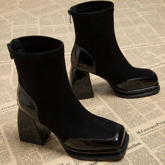 Black Elegant Women's Waterproof Platform Heel High Boots - Picture 3 of 5